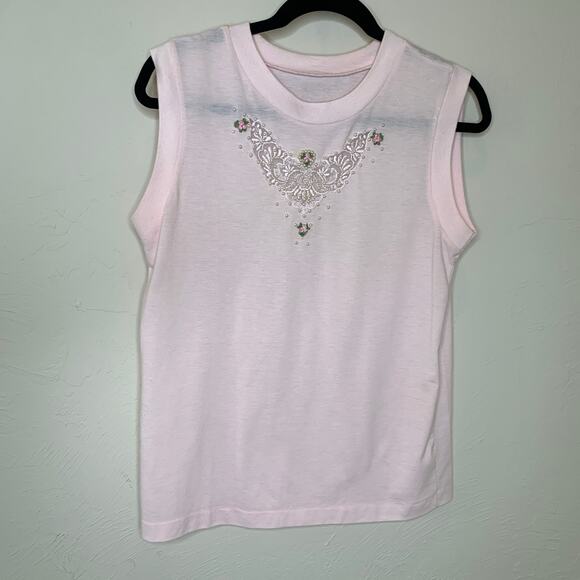 80s Pink Sleeveless Top Lace Pearl Applique Sz Medium - Picture 6 of 7